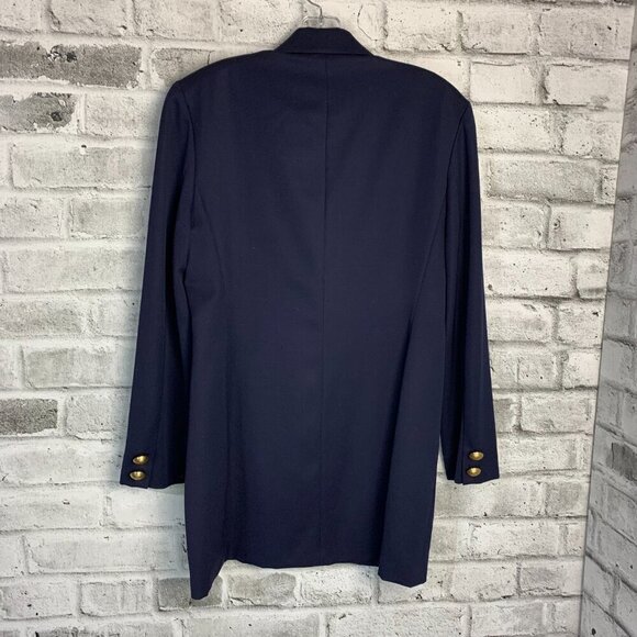 Vintage 80s 90s Double Breasted Navy Blue Wool Structured Long Blazer - Picture 4 of 13
